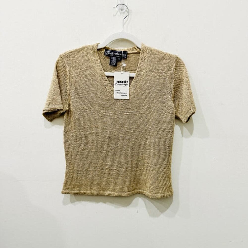 Burberry Short Sleeve V-Neck Cropped Knit Sweater Top Beige Women's Petite Small